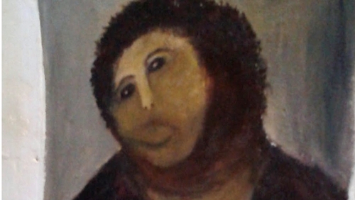 Three images: How the fresco should look (left); how it looked before the "restoration" (center); and what it looked like after Cecilia Gimenez was done.